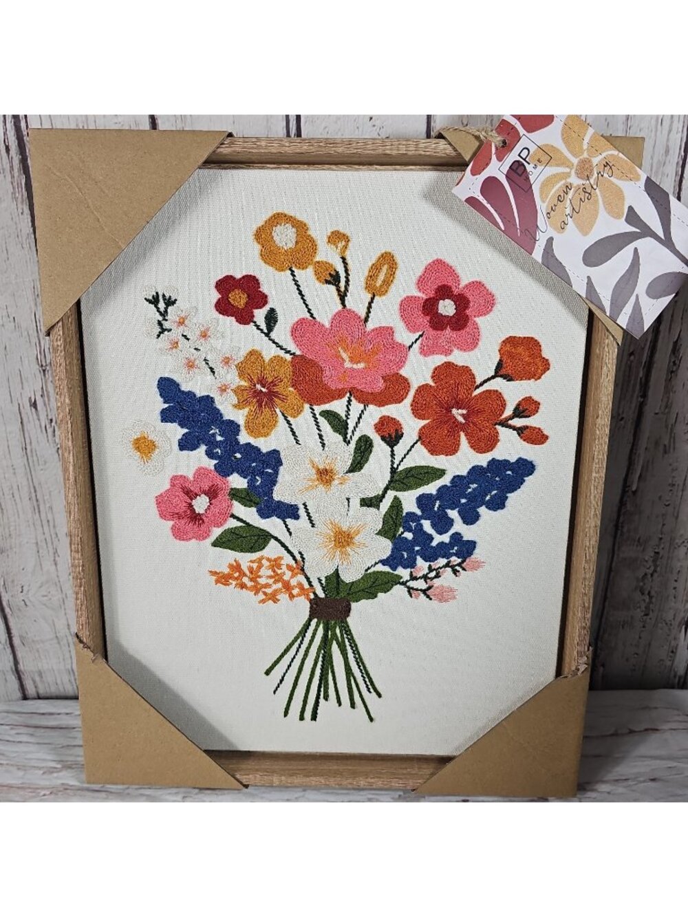 BP Home Woven Embroidered Textile Wall Art Gold Framed Flowers Decor 12”x15” New